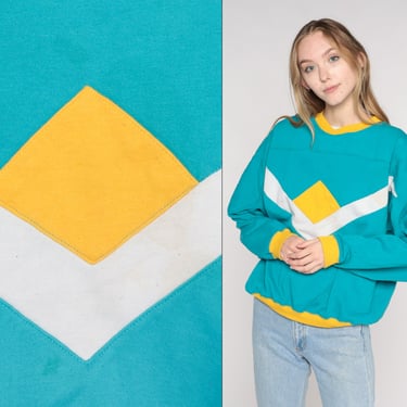 90s Sweatshirt Teal Blue Striped Pullover Sweater Chevron Color Block Ringer Slouchy Crewneck Streetwear Yellow White Vintage 1990s Large L 
