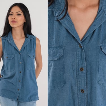 Blue Blouse Y2k Raw Silk Button Up Shirt Retro Tank Top Flecked Sleeveless Collared Shirt Casual Summer Simple Preppy Vintage 00s Medium M 