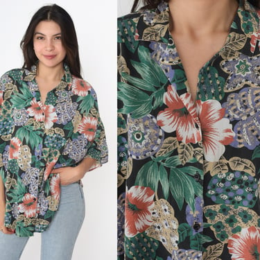 90s Tropical Floral Blouse Botanical Medallion Button Up Shirt Summer Top Short Sleeve Top 1990s Vintage Blue Plus Size 18W 18 W 