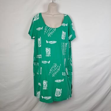 Vintage 90s Green Fish Dress, Plus Size 