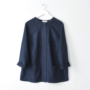 vintage linen shirt jacket, 90s navy blue shacket, size xl 