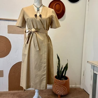 Vintage Handmade Tan Fitted Wrap Bow Waist Tie Knee Length Dress 