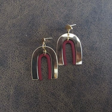 Geometric earrings, simple red and gold modern earrings 