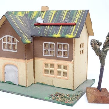 Antique German House with Loofa Sponge Tree for Christmas Putz or Nativity, Vintage Embossed Cardboard Toy, Germany Light Cover 