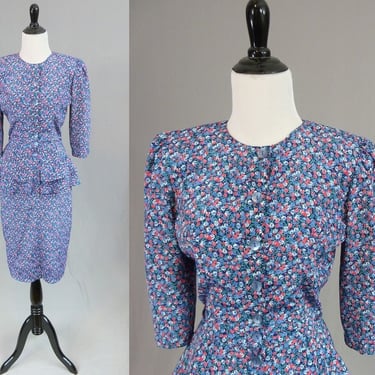 80s Blue Double Peplum Dress - Floral Print Pink Red Green - Cygnet - Vintage 1980s - Size XS S 