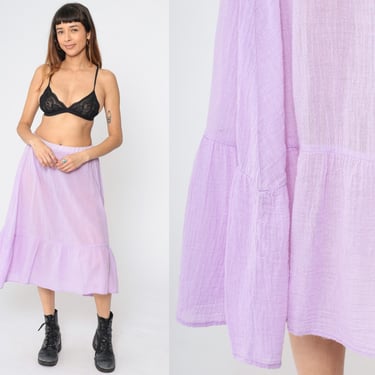 70s Gauze Peasant Skirt Lavender Purple Flounce Cottagecore Semi-Sheer Boho Hippie Skirt Midi Skirt 1970s Bohemian High Waist Vintage Medium 