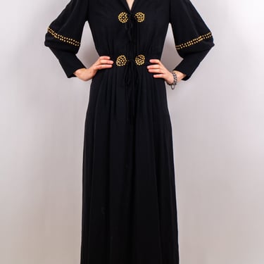 1940s Marie of Seattle Black Rayon Gown with Gold Studs