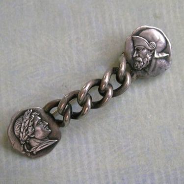 Unique Vintage Sterling Victorian Brooch Pin With Men in Profile, Sterling Figural Pin, Sterling Bar Pin with Men's Faces (#4264) 