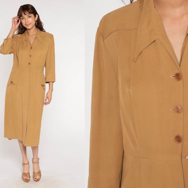 50s Shirt Dress Brown Button Up Mad Men Hourglass Shirtdress 1960s Sheath Point Collar Mid Century Vintage High Waisted 3/4 Sleeve Large 