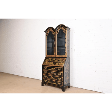 Georgian Chinoiserie Black Lacquered Hand-Painted Drop Front Secretary Desk With Bookcase Hutch