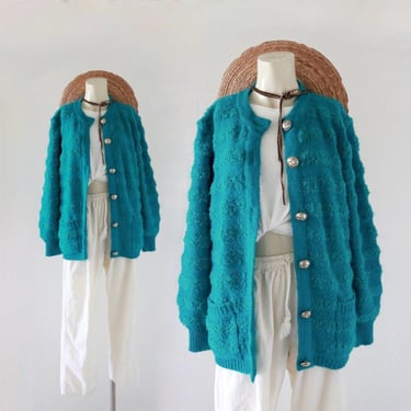 boucle button cardigan - vintage 80s 90s womens turquoise blue long sleeve striped button sweater 