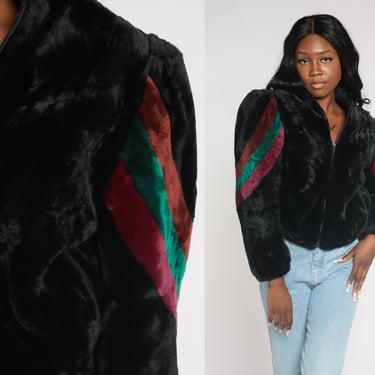 Faux Fur Jacket 70s Black Cropped Coat Purple Green Striped Puff Sleeve Hippie Jacket Boho Glam Diva Party Zip Up Crop Vintage 1970s Small S 
