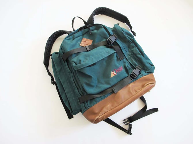 Vintage 90s Nylon Backpack - 1990s Green Leather Bottom