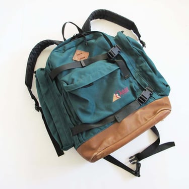Vintage 90s Nylon Backpack - 1990s Green  Leather Bottom Backpack - Outdoors Camping Waist Strap Backpack Rucksack 