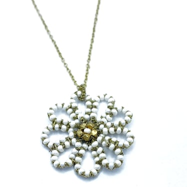 Danielle Welmond | Woven Gold Chord Flower Necklace w/ White Pearls and 14kt Gold Vermeil Chain