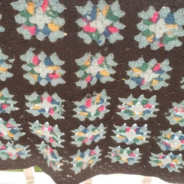 SPECTACULAR WOOL crocheted granny squares blanket Black Teal Yellow Pink Retro home decor 