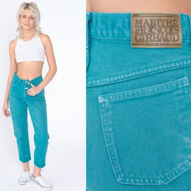 Teal Jeans 90s Ankle Jeans High Waisted Rise Slim Tapered Leg Denim Pants Retro Cropped Mom Jeans Blue Green Vintage 1990s Extra Small XS 