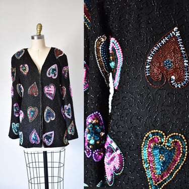 Feelings beaded sequin blazer, valentine hearts silk cardigan, 80s black blazer, jacket 