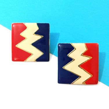 Bold Graphic Vintage 80s 90s Red & Blue Zig Zag Square Metal Statement Earrings 