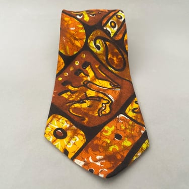 1970s Black Elephant Print Tie by The Men's Store at Sears | 70s Vintage Brown, Orange, and Yellow Tie Dye Necktie 