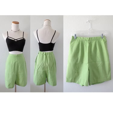 Vintage 60s Shorts - Green High Waisted Short - 1960s Knee Length Shorts - Size Small Medium 