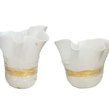 Pair of Handblown Ruffled Murano Glass Vases by Camozzo