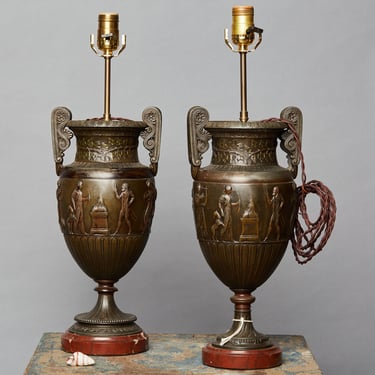 Pair of French Neo Classic Mantle Garnitures with Red Marble Bases made into Lamps