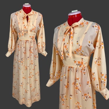 Vintage 1970s Peach Floral Boho Prairie Milkmaid Sun Dress 