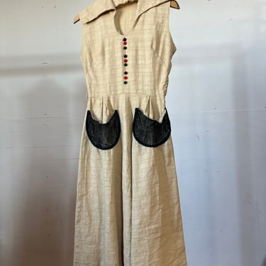 Small / 1930s 1940s Sleeveless Cotton Dress / Beige / Pockets - I 