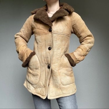 Vintage 70s Genuine Shearling Brown Tan Western Rustic Warm Leather Jacket Sz S 