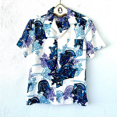 Vintage 70s Hawaiian Kingdom Tiki Aloha Shirt 1970s Hawaii Graphic Collared Top 