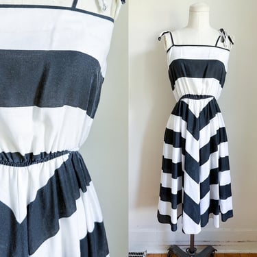 Shipping Delay // Vintage 1970s Black and White Chevron Striped Sundress / XS 