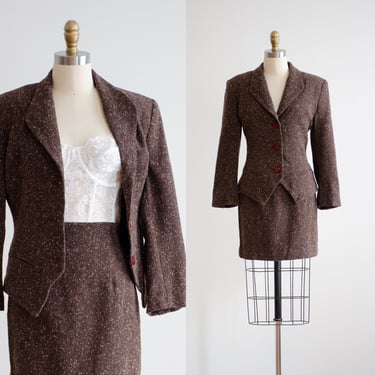 brown wool suit 90s y2k vintage brown cream tweed mini skirt suit 