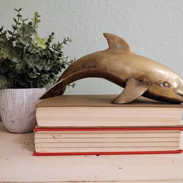 MCM Vintage Solid Brass Large 12" Long Dolphin Home Décor Bookshelf Ocean Sea Life 