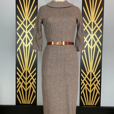 Vintage 50s dress, 1950s wiggle dress, striped beige wool, hourglass fit, pin up style, detrano original, small medium, pencil skirt, 27 