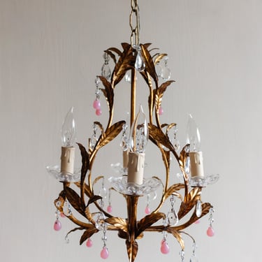 1960s French Maison Bagues style crystal and pink gemstone drop chandelier