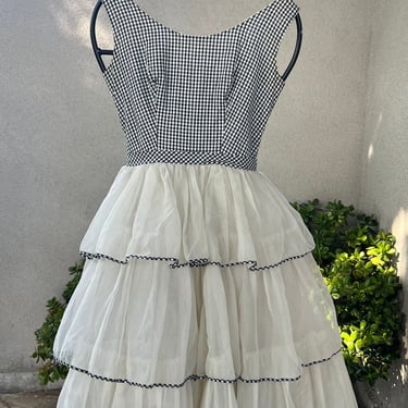 Vintage 60s dress black white gingham bodice 3 tier chiffon skirt Sz XS 