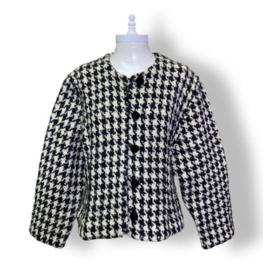 Vintage Irish Wool Cardigan Houndstooth Black White Sweater by Tapestries Ireland 