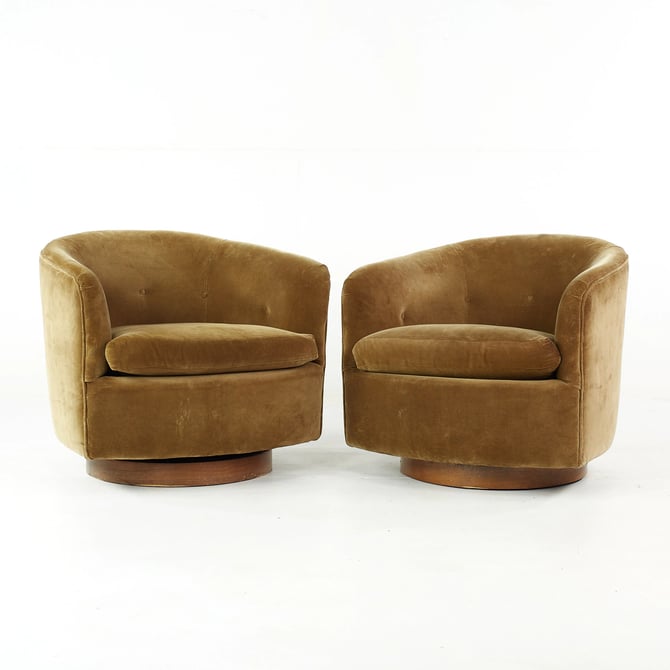 Milo Baughman for Thayer Coggin Mid Century Walnut Swivel Lounge Chairs - Pair - mcm 