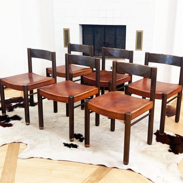 Robert and Trix Haussmann Tiger Oak and Saddle Leather Dining Chairs Mid Century 1963 Set of Six-- 6 Pcs 