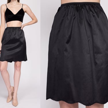 70s Black Scalloped Mini Skirt Slip - Small to Medium | Vintage Vanity Fair Lace Trim Lingerie Miniskirt 