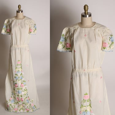 1960s Off White Short Sleeve Floral Flower Embroidery Full Length Formal Dress -1XL 