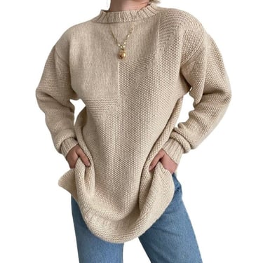 Vintage Womens Hand Knit Tan Beige Alpaca Oversized Soft Sweater Sz XL 