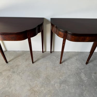 Henkel Harris Solid Mahogany Flip-Top  Demilune Game -  Console  Tables - A Pair 