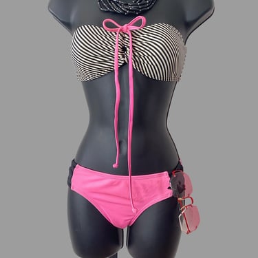 VTG pink color block bikini, black & white stripe top 2 pc swimsuit ooak 