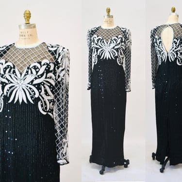 90s Vintage Black White Sequin Beaded Dress Size large Pearls sequins Beads// 80s 90s Glam Vintage Black Beaded long sleeve Dress Size Large 