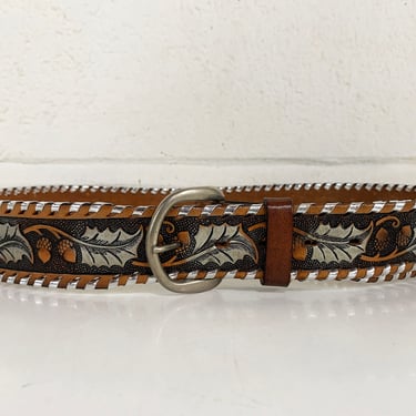 Vintage Kenny Rogers Brown Belt Silver Tooled Leather Hand Painted Buckle Urban Cowboy Style Western Wear Large XL 1980s 