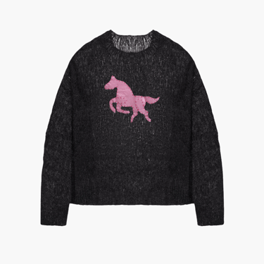 Black sweater, pink pony patch