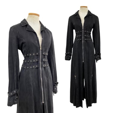 Vtg 00s Y2K TRIPP NYC Designer Goth Gothic Punk Floor Length Black Trench Coat 