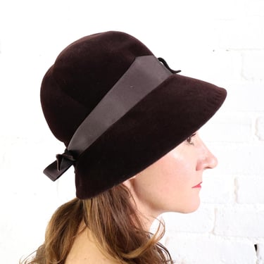 1960s Brown Wool Velour Hat | 60s Brown Wool High Crown Hat | Bucket Hat | Made in France | Frederick & Nelson 